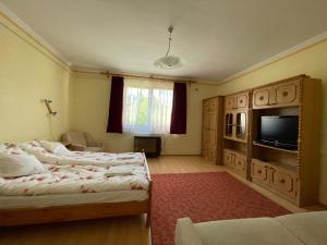 a bedroom with two beds and a flat screen tv at Da-Vi Apartmanház in Hajdúszoboszló