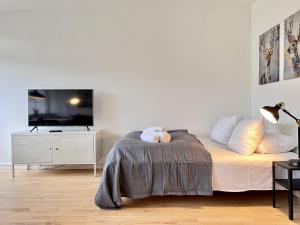 a bedroom with a bed and a flat screen tv at Studio Apartment In Herlev, Herlevgrdsvej 4, 3 in Herlev