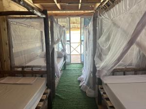 a room with four bunk beds and a green floor at Coconuts Bandas in Jambiani
