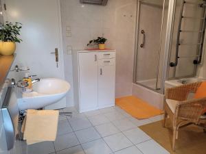 a bathroom with a shower and a sink and a toilet at Ferienwohnungen Stephan in Marienberg