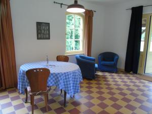 een eetkamer met een tafel en blauwe stoelen bij Schmiede der Wasserburg Liepen in Gielow