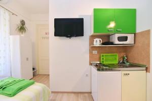 a small kitchen with green cabinets and a sink at Apartments Trend in Rijeka
