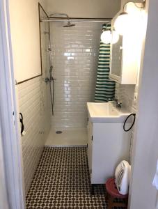 La salle de bains est pourvue d'une douche et d'un lavabo. dans l'établissement Casa adosada con gran jardín en Osséja, à Osséja