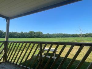 a view of a field from the deck of a house at Ieberen lodge in Schoonloo