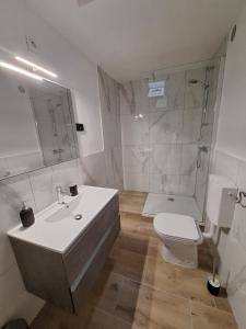 a bathroom with a sink and a toilet and a shower at Apartment Kp with parking in Koper +7 photos