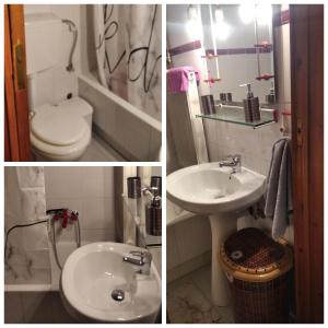 two pictures of a bathroom with a toilet and a sink at The house of ZORBAS in Agios Vlasios