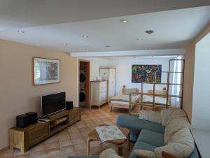 een woonkamer met een bank en een televisie bij Ferienwohnungen Schallenberg - Gross-Umstadt in Groß-Umstadt