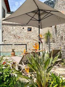 un paraguas sentado junto a una mesa y algunas plantas en Villa del Lis, en Gargnano