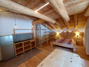 ein Zimmer mit 2 Etagenbetten und einer Küche in einer Hütte in der Unterkunft Agriturismo Malga Pontevecchio in Cogolo
