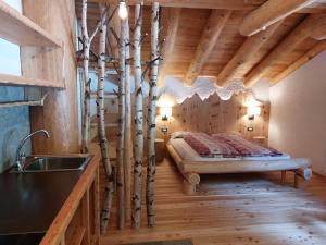 - une chambre dans une cabane en rondins avec un lit et un lavabo dans l'établissement Agriturismo Malga Pontevecchio, à Cogolo