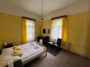 ルハチョヴィツェにあるHotel Lužnáのベッドルーム1室(ベッド1台、テーブル、椅子付)