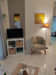 a living room with a television and a chair at Dream House in Agria +32 photos