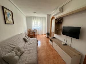 Il comprend un salon doté d'un canapé et d'une télévision à écran plat. dans l'établissement Apartamento Pascual, à Torrevieja