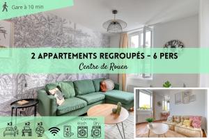 kolaż salonu z zieloną kanapą w obiekcie Ambiance Jungle et Cocon en hyper centre pour 2, 4 ou 6 pers - MyLittleStay w Rouen