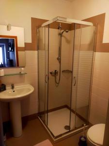 La salle de bains est pourvue d'une douche et d'un lavabo. dans l'établissement Locanda Da Tullio, à Capovalle