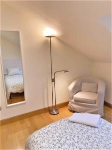 Cette chambre comprend un lit, une chaise et un miroir. dans l'établissement Apartamentos Del Pisuerga, à Cervera de Pisuerga