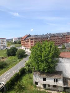 a tree sitting on top of a building next to a road at Piso Negreira in Negreira