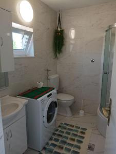 a bathroom with a washing machine and a toilet at CAPTAIN'S Holiday HOUSE in Žirje