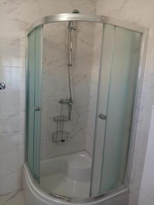 a shower with a glass door in a bathroom at CAPTAIN'S Holiday HOUSE in Žirje