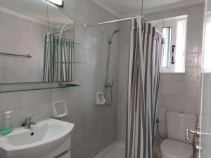 a bathroom with a shower and a sink and a toilet at Alexia Apartments & Studios in Kremasti +32 photos