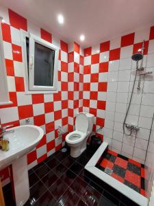 a bathroom with a red and white checkered wall at Aurora's apartment eretria in Eretria +10 photos
