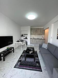 ein Wohnzimmer mit einem Sofa und einem Tisch in der Unterkunft Amalia Residences in Nikosia