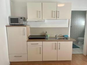 a small kitchen with a sink and a microwave at EasyStay#2 Cozy Studio in Kliniknähe, mit Netflix,Küche & Bad in Bad Oeynhausen