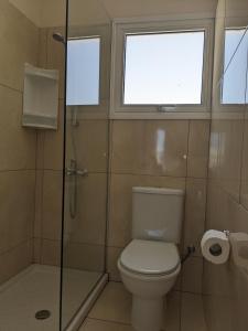 a bathroom with a toilet and a shower and a window at Adalena Court in Paralimni