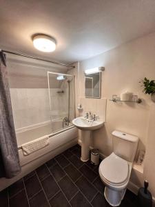 a bathroom with a toilet and a sink and a shower at The Old Chapel in Axminster