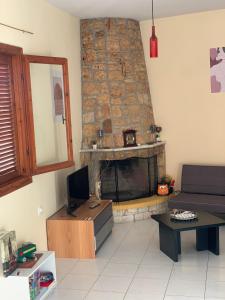 uma sala de estar com lareira e sofá em Villa Olympia Skafidia em Skafidia
