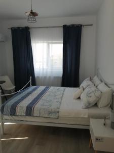 1 dormitorio con 1 cama con cortinas azules y ventana en Tina Guest House en Basarabi