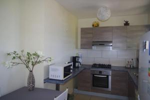 a kitchen with stainless steel appliances and a clock on the wall at Villa Bigaradier - Meublé 3 étoiles avec vue mer sur la côte Est in Sainte-Rose +31 photos