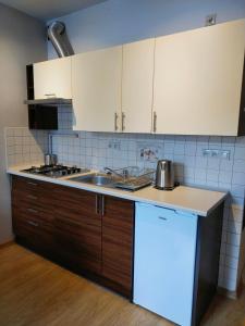 kuchnia z białymi szafkami i blatem w obiekcie Trendy Apartment Kochanowskiego Street w Krakowie