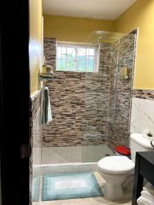 a bathroom with a shower and a toilet and a sink at Spacious 4-Bedroom Home - Family/Group Oriented in Harbour View