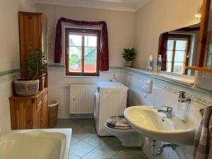 Un baño con lavabo, inodoro y espejo. en Ferienwohnung im Erzgebirge, en Großhartmannsdorf 24 fotos más