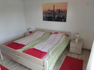 ein Bett in einem Schlafzimmer mit einem Bild an der Wand in der Unterkunft APARTMENTS KRAPEC3 in Ježdovec