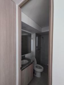 een badkamer met een toilet, een wastafel en een spiegel bij Lindo Apartamento Ibagué-Tolima in Ibagué