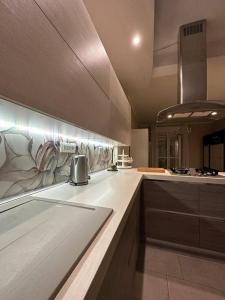 uma grande cozinha com um balcão e um balcão Sidx Sidx em A casa di Rosy em Casalecchio di Reno