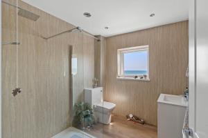ein Badezimmer mit Dusche und Toilette und einem Fenster in der Unterkunft Strand Cottage - Direct Beach Access in Saundersfoot