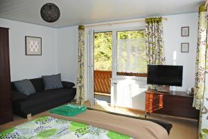 uma sala de estar com um sofá e uma televisão em Waldblick Landhaus B&B em Schwarzenbach an der Pielach