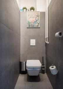 a bathroom with a toilet and a picture on the wall at Elegant Apartment in Super Central Location in Budapest