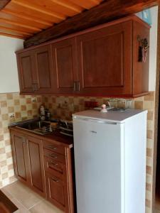 eine Küche mit einem weißen Kühlschrank und Holzschränken in der Unterkunft Chyžka Stará Hora in Sebechleby