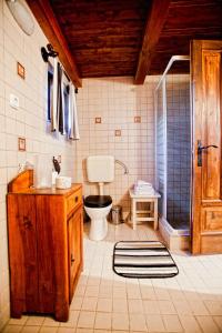 LovasberényにあるDióliget - Zöld Dió Házikóのバスルーム(トイレ、洗面台、シャワー付)