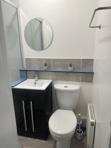 a bathroom with a toilet and a sink and a mirror at High Barnet Studio Flat in Barnet