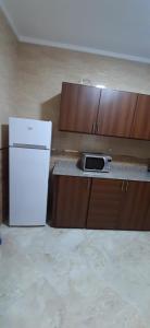 a white refrigerator in a kitchen with wooden cabinets at Appart hassan in Fnidek