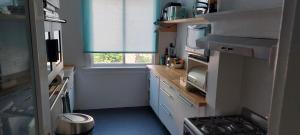 a small kitchen with a stove and a window at Statenkwartier/Scheveningenwoning in The Hague