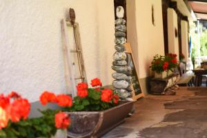 a group of flowers and rocks next to a building at Landgasthof Tännler in Innertkirchen