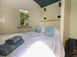 a large white bed with blue pillows on top of it at The Hares Rest in Shipston-on-Stour