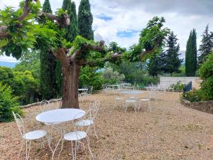 a group of tables and chairs under a tree at Appartement 3P Lubéron in Viens