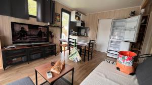 a living room with a couch and a tv and a table at EcoKub T3 Indépendant Proche plages et lac in Soustons